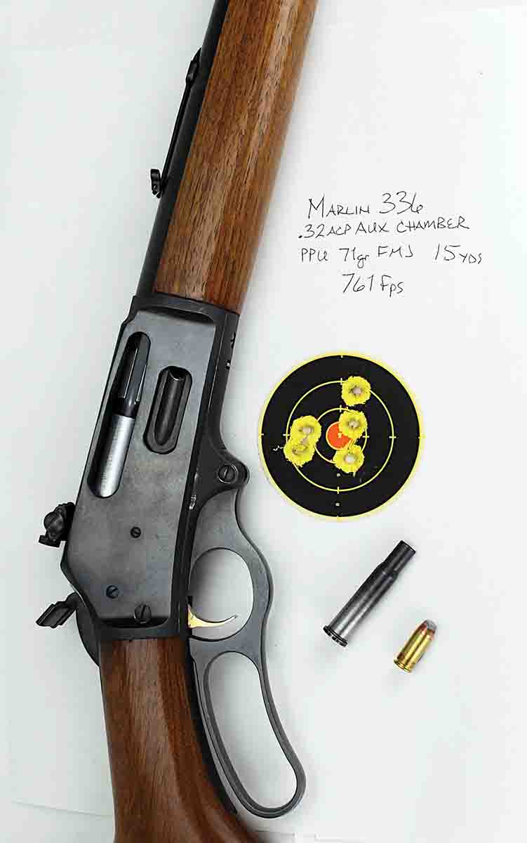The Marlin 336 .32 ACP auxiliary chamber fired the smallest group, at 1.5 inches.